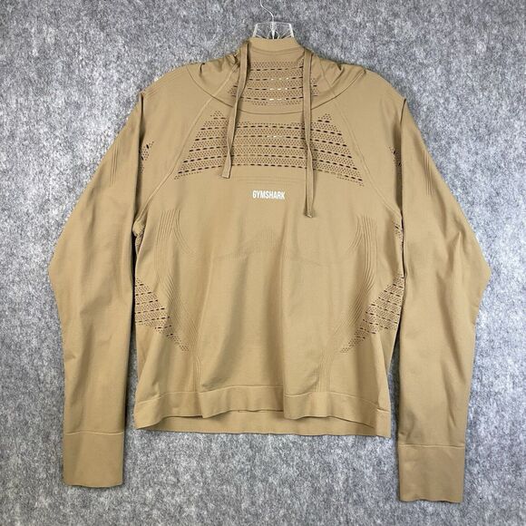 Gymshark Sweatshirt Womens Large Tan Mesh Cut Out Hoodie Athleisure Training - Picture 1 of 12